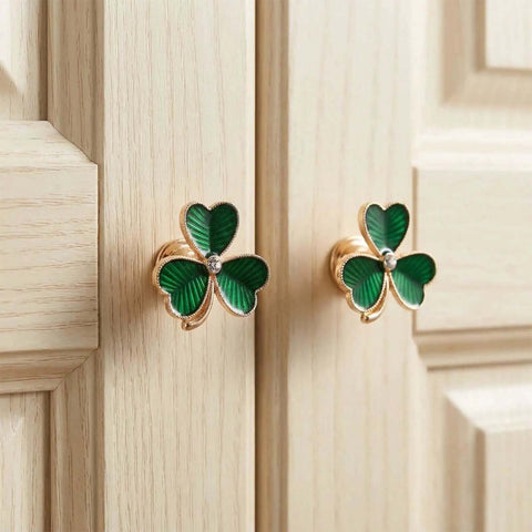 Gold Clover Drawer Knobs 4 Pack For Wardrobe Cabinets Dresser Cupboard Modern Minimalist Pulls Zinc Alloy With Crystal Center Green Enamel Accents