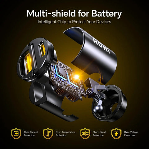 Detailed view of dual port USB C car charger showing intelligent chip and multi-shield features, ensuring device safety.