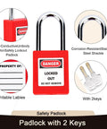 Lockout Tagout Kit For Electrical Safety, showing a red safety padlock with two keys, steel shackle, and writable labels.