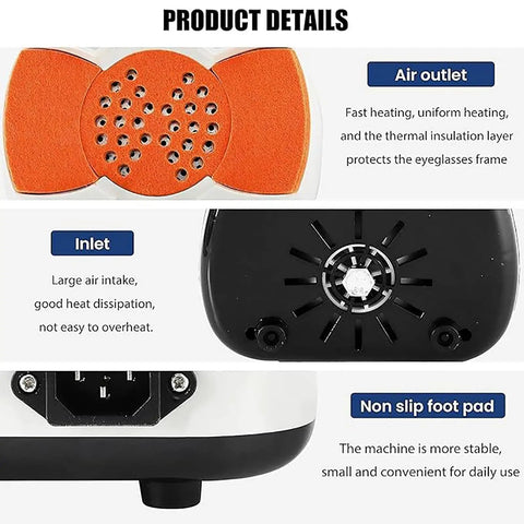 Close-up view of the Straight Up Pro Grade Eyeglasses Frame Heater air outlet and inlet with non-slip foot pad details.