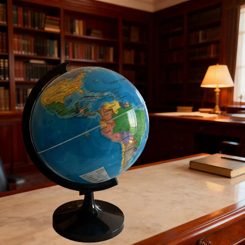 Hands On 12 Inch World Globe Kit With Stand For Home Office And Classroom Learning Geography Education Blue DIY Assembly on desk