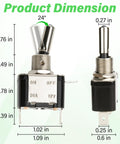 LED Lighted Rocker Toggle Switch Set 12V SPST 3 Pin On Off, 3 Piece Pack With Silver Plated Terminals And Sturdy Wood Body, Built Tough For Auto Marine And DIY Electronics Projects.; front and side dimensions shown