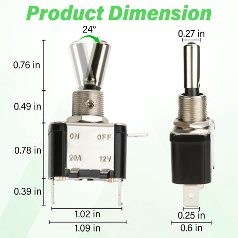 LED Lighted Rocker Toggle Switch Set 12V SPST 3 Pin On Off, 3 Piece Pack With Silver Plated Terminals And Sturdy Wood Body, Built Tough For Auto Marine And DIY Electronics Projects.; front and side dimensions shown