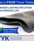 Close-up of two pack beefy heavy duty inner tube showcasing thickness with butyl rubber label