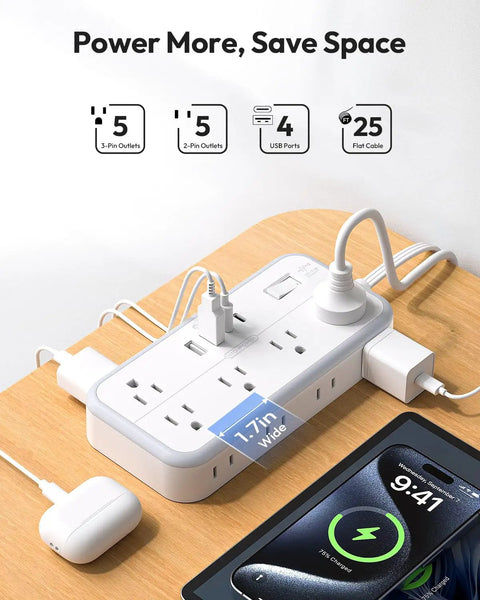 25 Foot Flat Extension Cord Power Strip With Ten Outlets And Four USB Ports Including Two USB C Ports Three Sided 3 Prong And 2 Prong Design Wall Mount Ready Overload Protection Surge Safe White on desk
