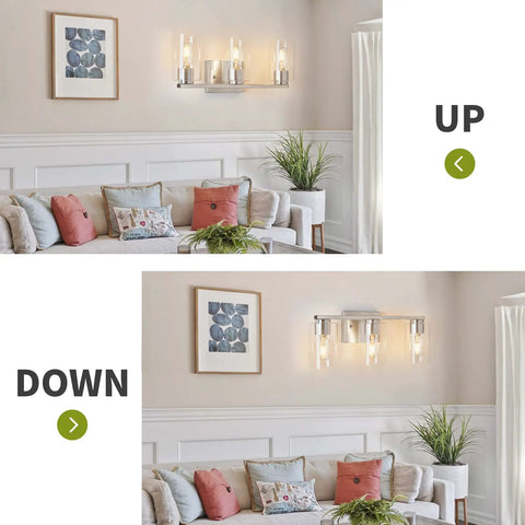 Three Light Sleek Brushed Nickel Bathroom Vanity Light With Clear Glass Shades Metal Wall Mount Fixture over sofa