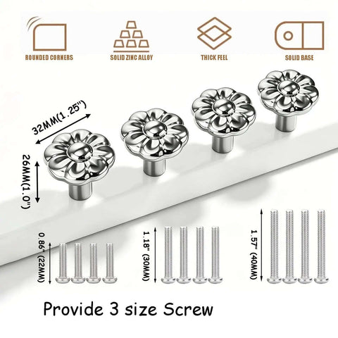 Chrome Flower Drawer Knob Set Zinc Cabinet Pulls 4 Pack With 3 Screw Sizes for bedroom dresser cupboard. Easy install.