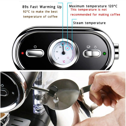 Italian Style 1L Semi Automatic Home Coffee Maker With Full Temperature Control, close-up of temperature dial and steam wand