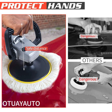 7 Inch Variable Speed Polisher Pro with 12 Amp Motor and 1200 Watt Output in use showing safety distance on red car surface