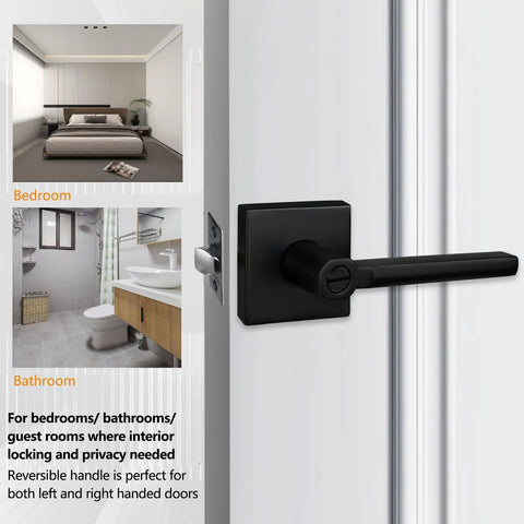 5 Pack Aged Matte Black Bed And Bath Door Lever Set With Privacy Lock And Interior Thumbturn on white door, bedroom and bathroom insets