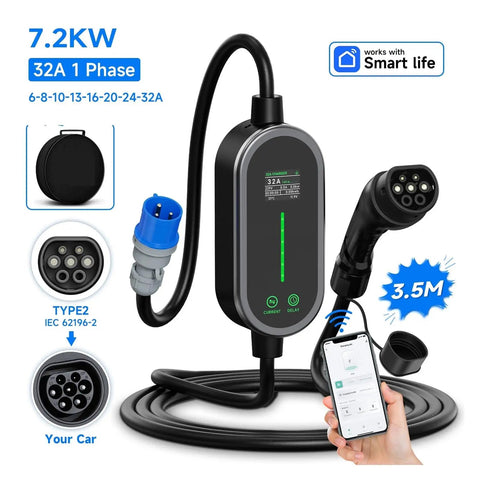 Super Slick Portable Type 2 EV Charger 7.2kW 32A Level 2 Wallbox with control panel and charging cable 3.5M length