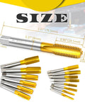 Two Piece M10 X 1.5 Thread Taps Set HSS Right Hand M2 Steel with measurements in titanium plate finish hardened.