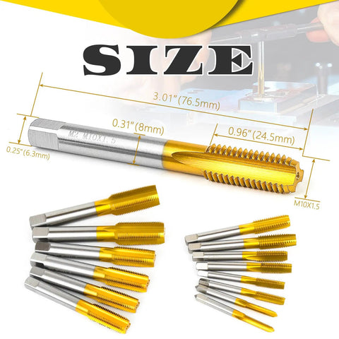 Two Piece M10 X 1.5 Thread Taps Set HSS Right Hand M2 Steel with measurements in titanium plate finish hardened.