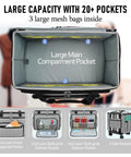 Open view of rolling bag with detachable dolly showing large compartment and multiple pockets, grey color