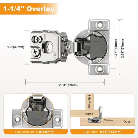 Heavy Duty 10 Pack Soft Close Cabinet Hinges 1 1/4 Inch Overlay Concealed Door Hardware with detailed measurement diagram.