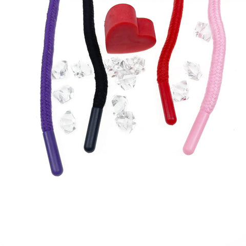 Soft Cotton Rope For Craft And Home Use Thick Durable 8mm Twisted Cotton Rope 10 Meters Skin Friendly with end caps in black red pink and purple, shown with crystals and heart.
