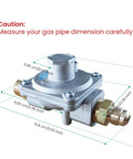 Angled front view of a gas pressure regulator with two brass 1/2 in NPT adapters; metal body.