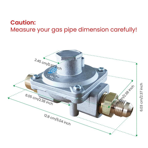 Angled front view of a gas pressure regulator with two brass 1/2 in NPT adapters; metal body.