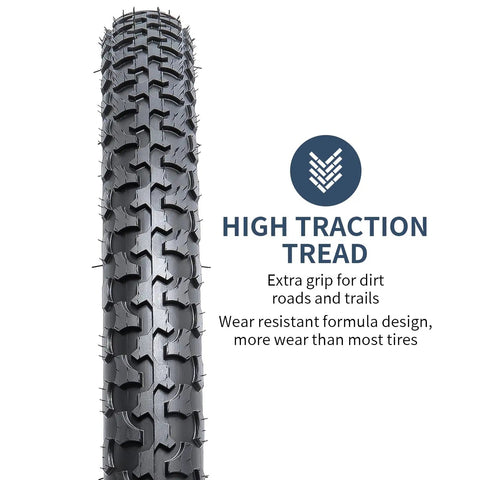 Close-up view of 24-inch mountain bike tire showing high traction tread, part of 2 Pack 24 Inch Mountain Bike Tires And Tubes Set 24x1.75/47-507 Heavy Duty Tubes With AV32mm Schrader Valves Folding Replacement MTB Tire And Tube Combo With Deep Crisscross Tread For Beefy Off Road Grip