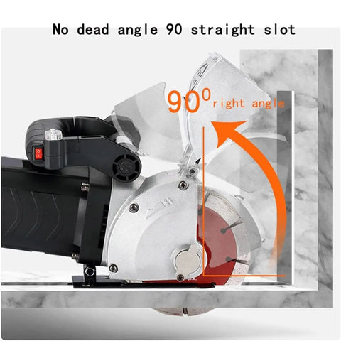 Beast Of An Electric Wall Chaser For Concrete, 5500W Grooving Cutter showing 90-degree slot feature, dust-free operation with water pump.