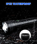 Rechargeable 100000 Lumen LED Flashlight for Camping With 4 Modes, shown in IPX5 waterproof condition with USB charging port.