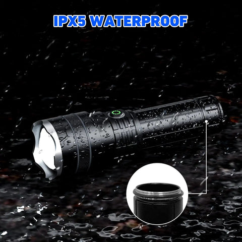 Rechargeable 100000 Lumen LED Flashlight for Camping With 4 Modes, shown in IPX5 waterproof condition with USB charging port.