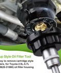 Cap Style Oil Filter Wrench Snug No Slip Fit 64mm With 14 Flutes For Toyota and Lexus attached to filter housing