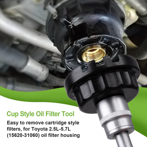 Cap Style Oil Filter Wrench Snug No Slip Fit 64mm With 14 Flutes For Toyota and Lexus attached to filter housing