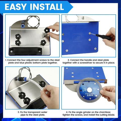 Assembly steps of the 45 Degree Tile Chamfering Tool Kit For Angle Grinders With 5 Saw Blades 39 Inch Hose Gloves Screwdriver Washers Adapters