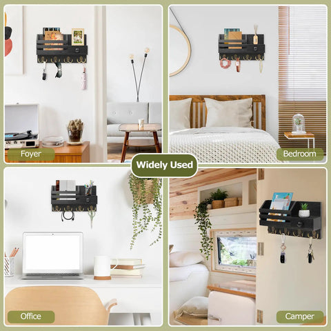 Premium Wooden Key Holder Wall Mount Mail Organizer With No Sweat No Drill Adhesive Mount And Sturdy Triangle Hooks Top Notch Entryway Storage Black
