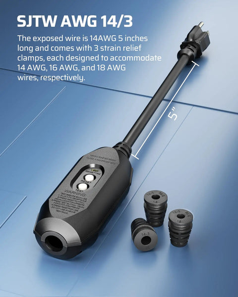 SJTW AWG 14/3 power cable with strain relief clamps for 14, 16, and 18 AWG wires. Cable end and clamps visible on blue surface.