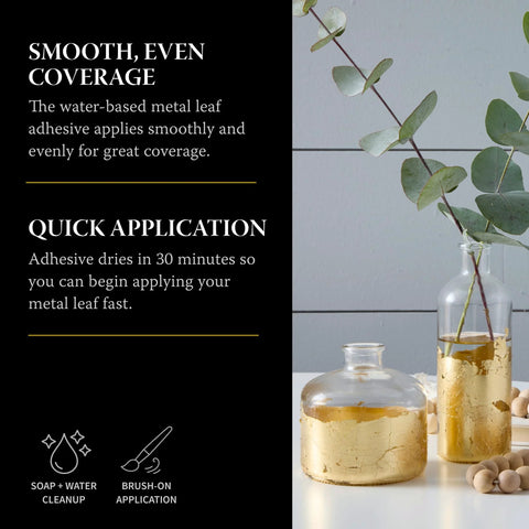 Mona Lisa metal leaf adhesive, 2 oz water-based craft glue, shown with gold leaf sheets in glass jars and eucalyptus stems.