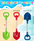 Three Piece Metal Beach Shovel Set For Kids, 16 Inch Sand Shovels With Wooden Handles in green, red, and blue colors.