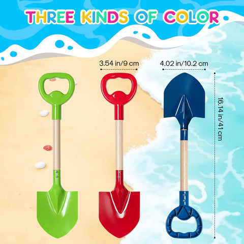 Three Piece Metal Beach Shovel Set For Kids, 16 Inch Sand Shovels With Wooden Handles in green, red, and blue colors.