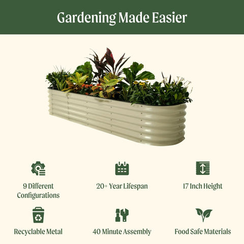 Olive Green 17 Inch Tall Nine In One Metal Raised Garden Bed Kit with flexible configurations for patios or backyards.