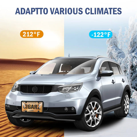 Two Pack License Plate Protectors For Front And Rear Plates on car in extreme desert and snow conditions