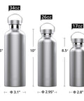 Three sizes of Heavy Duty 34oz Vacuum Insulated Stainless Steel Water Bottles, showcasing dimensions and design.
