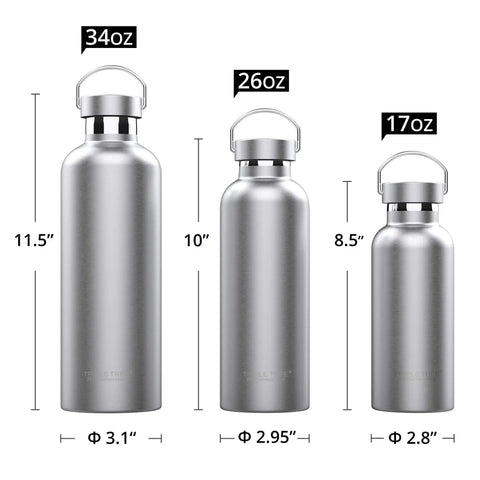 Three sizes of Heavy Duty 34oz Vacuum Insulated Stainless Steel Water Bottles, showcasing dimensions and design.