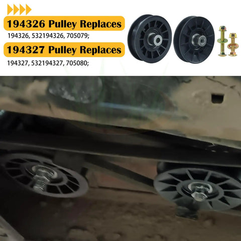 Two Pack Pulley Set With Flat Idler Pulleys 532194326 And 532194327 For Husqvarna Craftsman Lawn Mowers with installation view