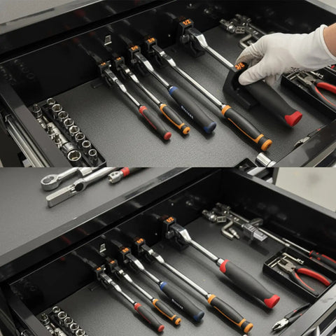 Magnetic Ratchet Holder Set For Toolbox with 3 modular tool holders for 1/4, 3/8, and 1/2 inch wrenches and sockets in garage setup