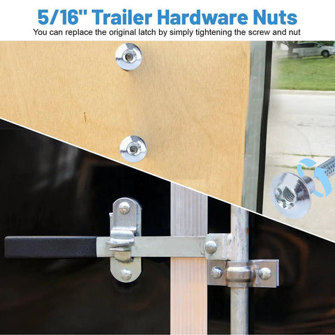 Real Deal Trailer Cam Hasp Latch Hardware Kit Ships With Eight Five Sixteenths Inch Torx Barrel Nuts And Zinc Plated Steel Bolts For Smooth Enclosed Cargo Door Hookup showing trailer hardware nuts and latch.