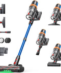 Cordless vacuum cleaner by Amazon with blue wand and motorized floor head; includes mattress and crevice tools.