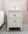 Solid Metal Pink Floral Cabinet Knobs 6 Pack Vintage Drawer Pulls Coquette Chic Vibe Sweet Charm Hardware on white dresser.