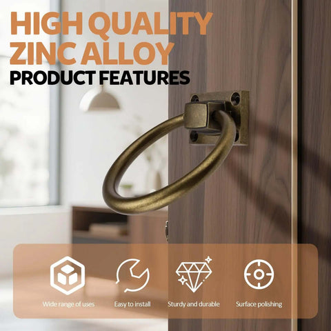 Round Sliding Barn Door Handles Ring Set 3.8 Inch Antique Brass Zinc Alloy Drawer Pulls For Cabinets and Farmhouse Hardware