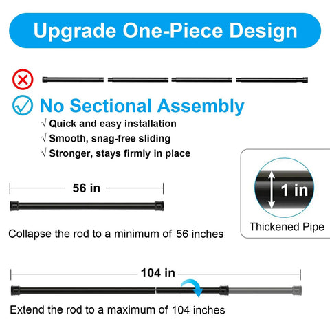 Diagram showing No Sectional Assembly Tension Curtain Rod 56 To 104 Inches 1 Inch Diameter Adjustable Shower Rod features