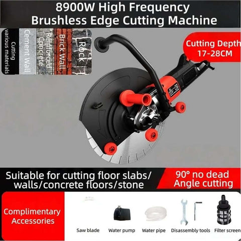 Heavy Duty Electric Concrete Cutter Saw With 8900W Motor Dual Blades and Integrated Water Pump, close up view showing components.