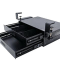 Heavy Duty Carbon Steel Clamp On Under Desk Slide Out Tray Rock Solid Metal Bin with perforated design and dual bins.