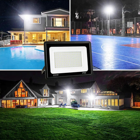 Beastly Bright 200W Outdoor LED Flood Light Pack Of 2, 20,000 Lumen, illuminating various outdoor settings at night