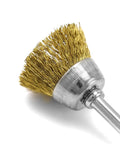 QWORK brass and stainless steel wire brush head for rotary tool with gold bristles; close-up view.