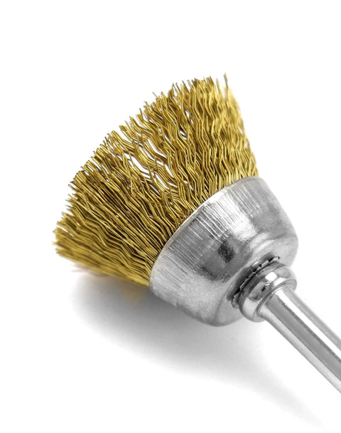 QWORK brass and stainless steel wire brush head for rotary tool with gold bristles; close-up view.